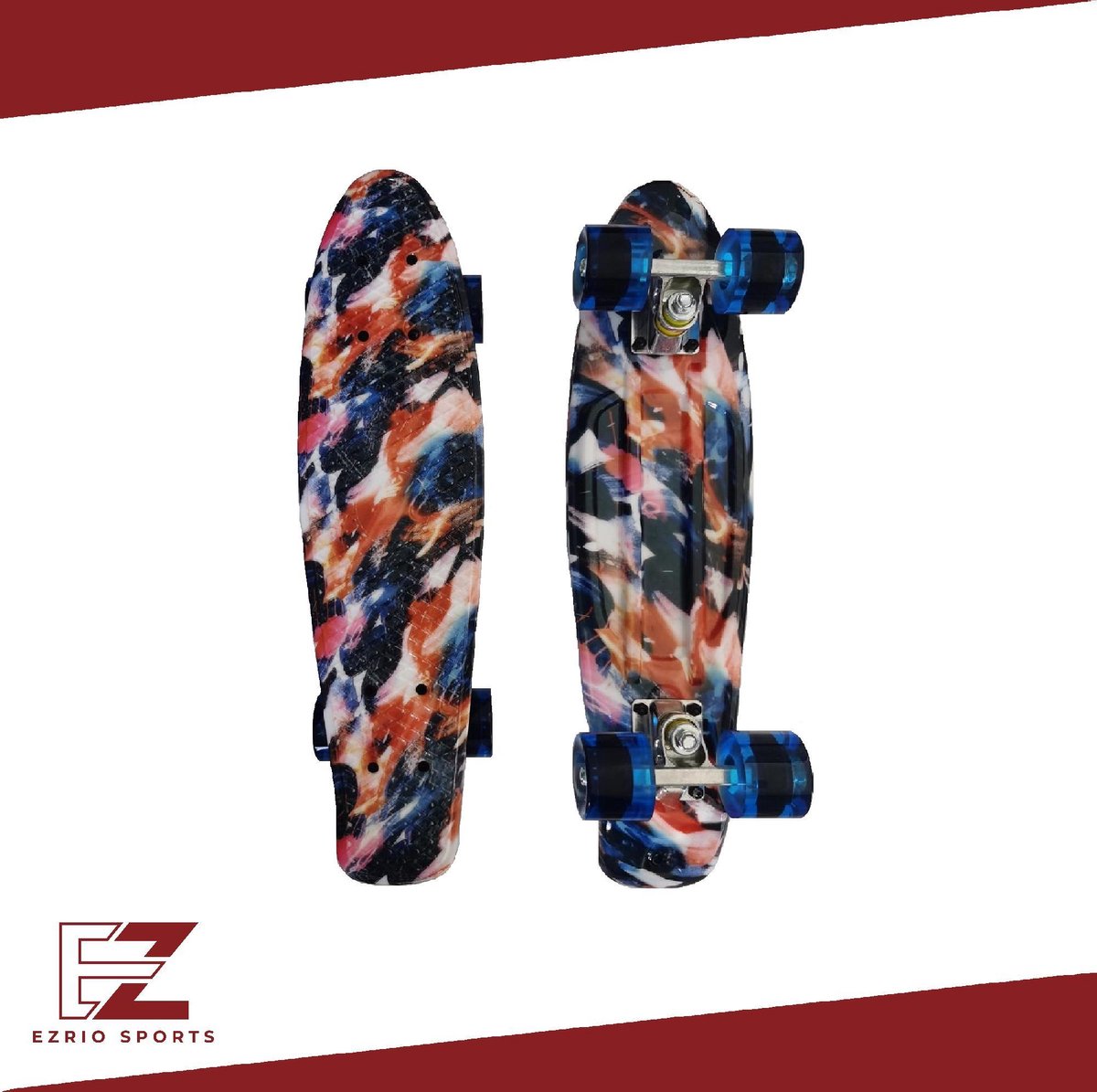 EZRIO SPORTS – Penny Board – Pennyboard – Skateboard – Longboard – Voor Meisjes en Jongens – Verf Print – 22 inch – Blauw – Zwart – Oranje