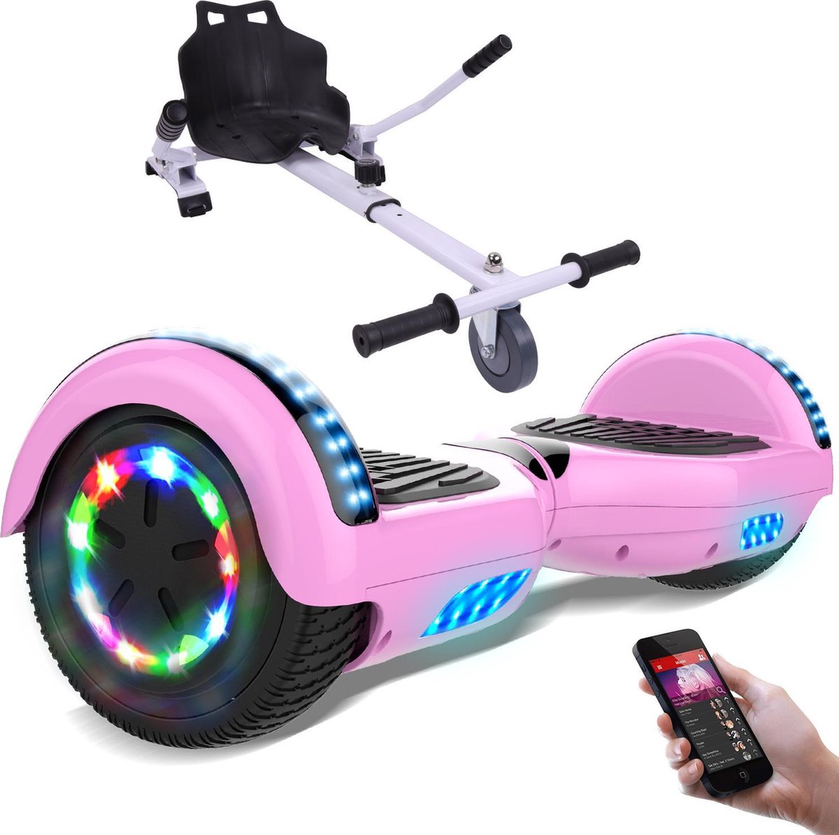 Evercross Hoverboard 6.5 Inch | Flits Wielen | Bluetooth Speaker | LED verlichting | Roze + Hoverkart Wit