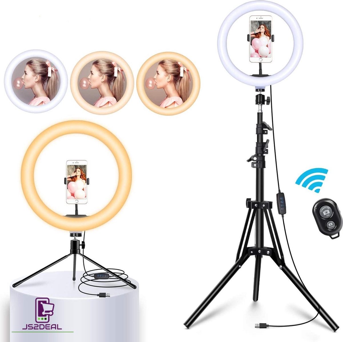 LED Ring lamp USB met telefoonhouder en statief - 3 lichtstanden - 26 cm 10 inch - Vlog - Ring led - Make-up lamp - Ringlight - TikTok - Instagram - Studiolamp - Fotostudio - Beauty - Ring flitser met statief en tripod en bluetooth afstandsbediening
