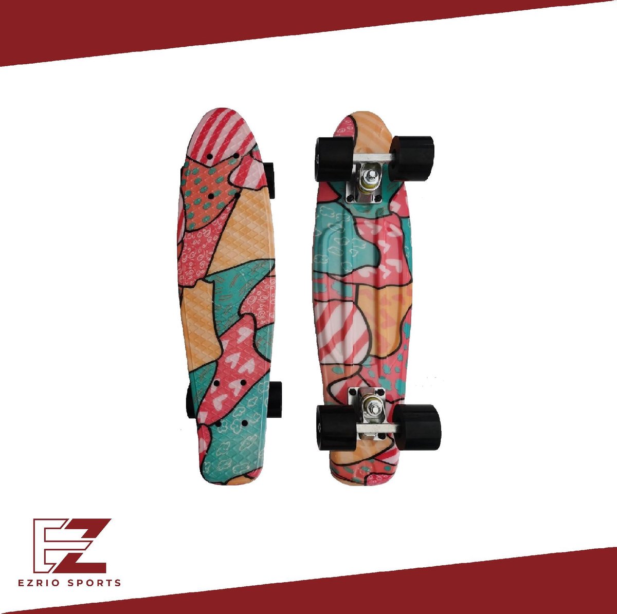 EZRIO SPORTS – Penny Board – Pennyboard – Skateboard – Longboard – Voor Meisjes en Jongens – Mozaiëk Print – 22 inch – Roze