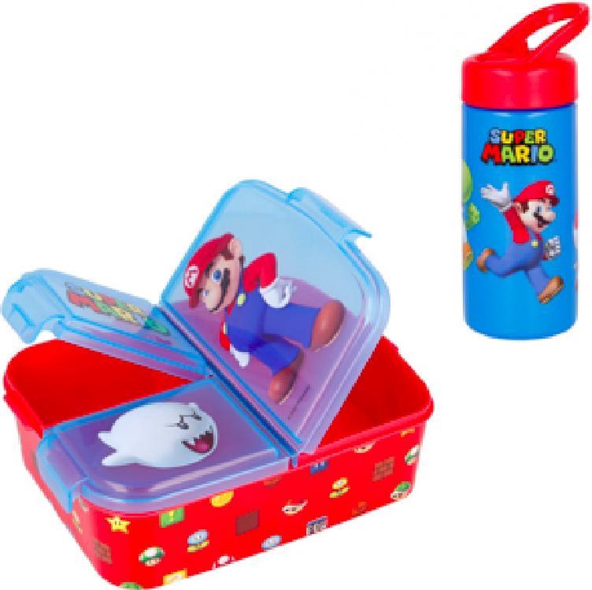 Super Mario 3 compartimenten brooddoos (18 cm - 13 cm - 6 cm) + Drinkfles (18 cm hoog - 400 ml)