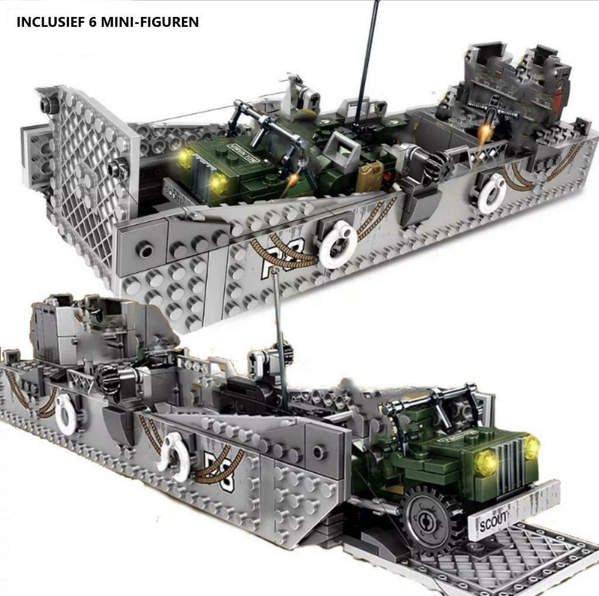 I04 - Amerikaanse LCM3 Landingsvaartuig met Jeep - 413 onderdelen en 6 mini-figuren - WW2 Bouwstenen