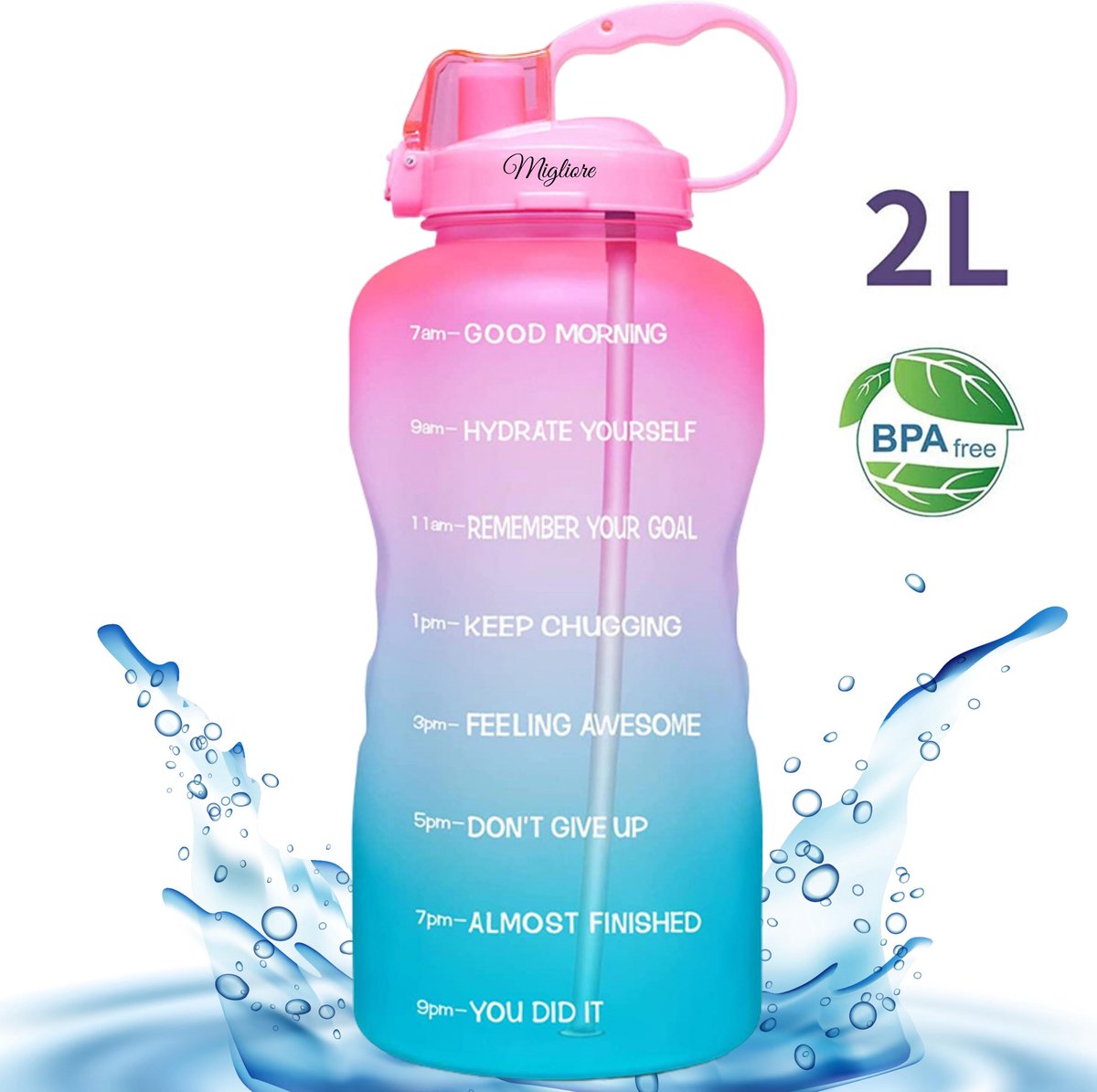 Migliore Waterfles 2 Liter - Water Bottle - Waterjug - Bidon 2 Liter - Sportdrankfles - Grote Waterfles - Met Rietje - Tijdmarkering - Motivatie Waterfles- Roze Blauw