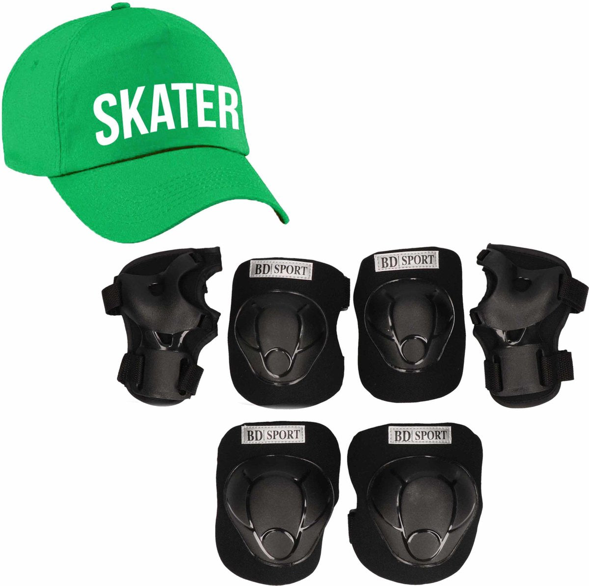 Set van valbescherming voor kinderen maat L / 9 tot 10 jaar met een stoere SKATER pet groen
