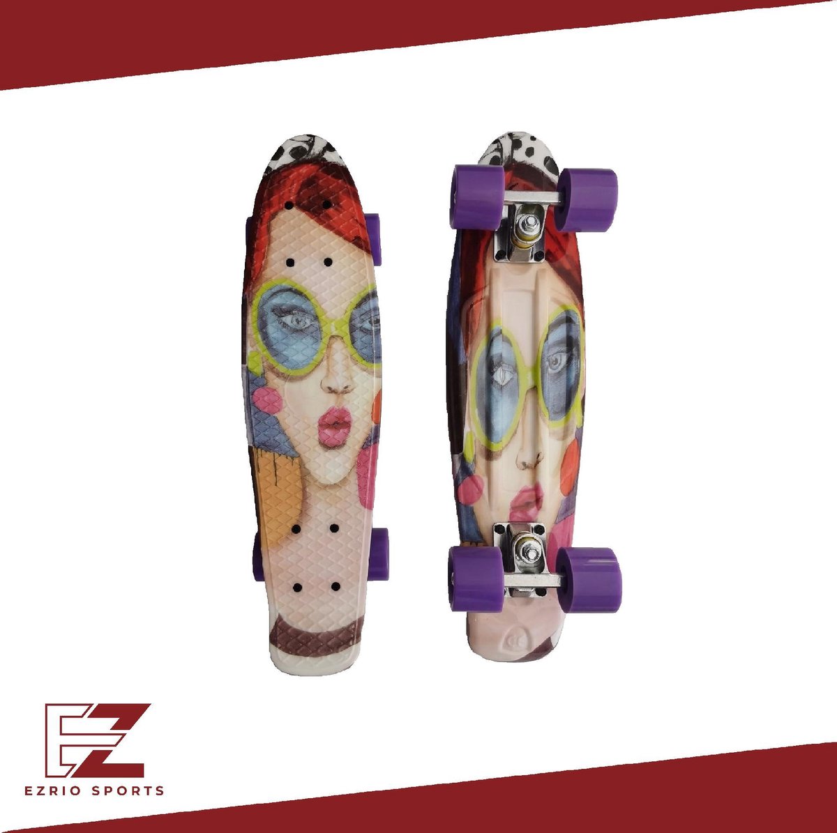EZRIO SPORTS – Penny Board – Pennyboard – Skateboard – Longboard – Voor Meisjes en Jongens – Portret Print – Paars – Beige – 22 inch