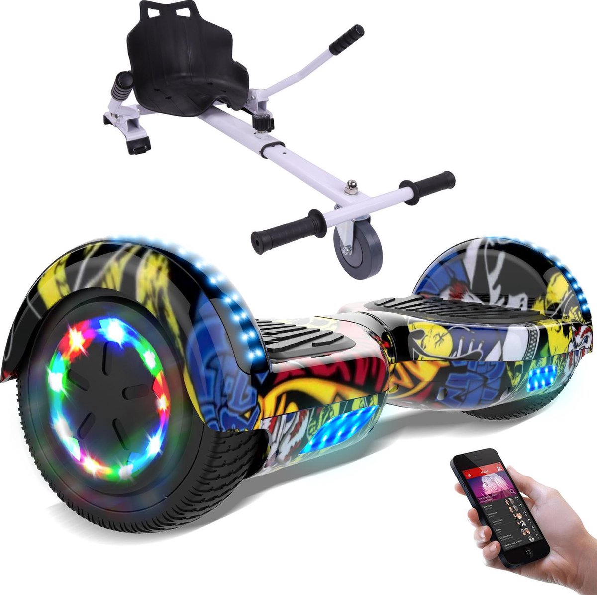Evercross Hoverboard 6.5 Inch | Flits Wielen | Bluetooth Speaker | LED verlichting | Hiphop + Hoverkart Wit