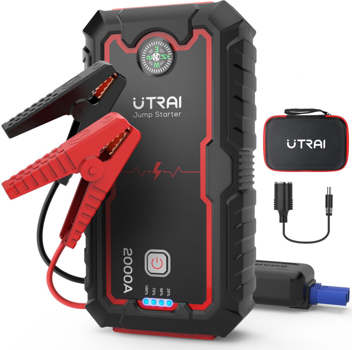 Utrai Jumpstarter - Incl. Schokbestendige Opberghoes - 22.000mAh - Acculader - 2000A - Starthulp - Powerbank - SOS - LED Zaklamp - 8L Benzine - 7L Diesel - Zwart/Rood