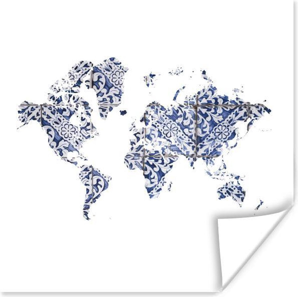 Muurdecoratie - Wereldkaart - Delfts Blauw - wit - 50x50 cm - Poster