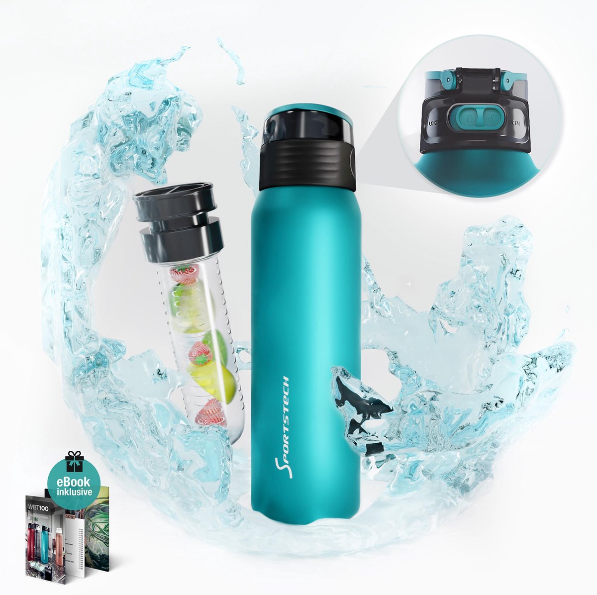 Sportstech anti-lek waterfles BPA-vrij met fruitfilter & one Hand Safety-Lock incl. e-book | Drinkfles 1l voor sport & fitness + lus| 5 stijlvolle kleuren in matte look | WBT100