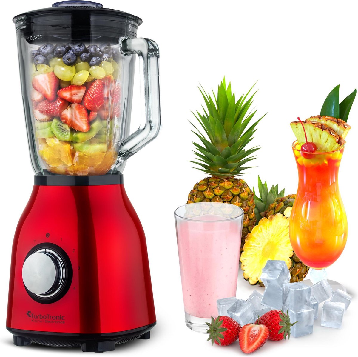 TurboTronic TT-BG6 Blender Elektronisch - met glazen blenderkan - 1.5 Liter - 1400W - Rood