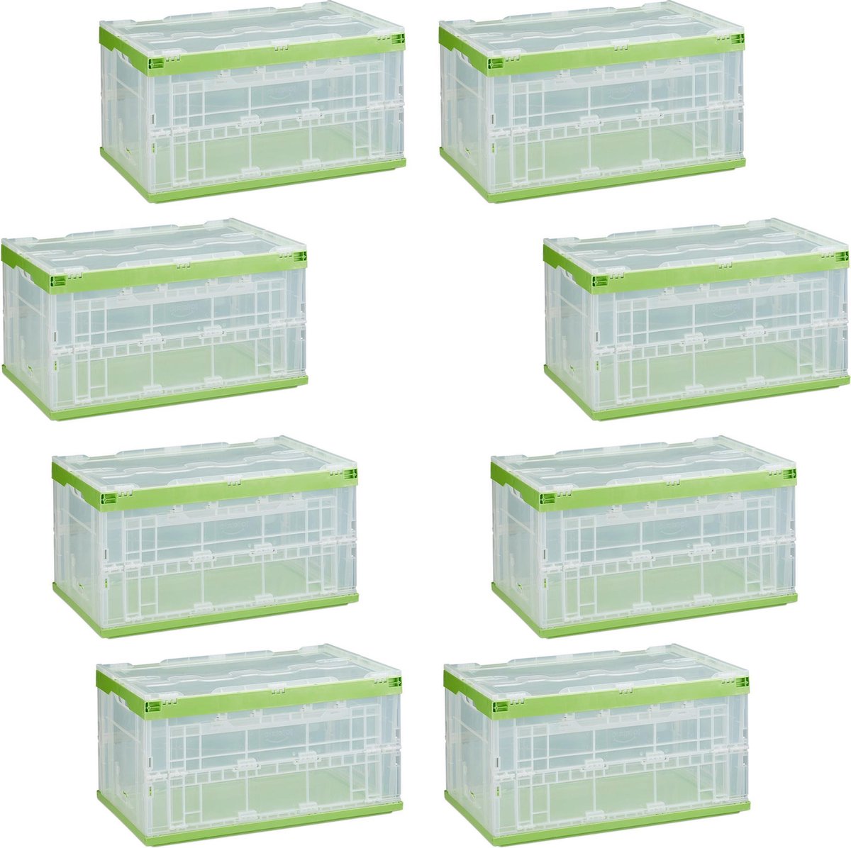 relaxdays 8 x vouwkrat met deksel transparant - 60 liter - boodschappenkrat - vouwbaar