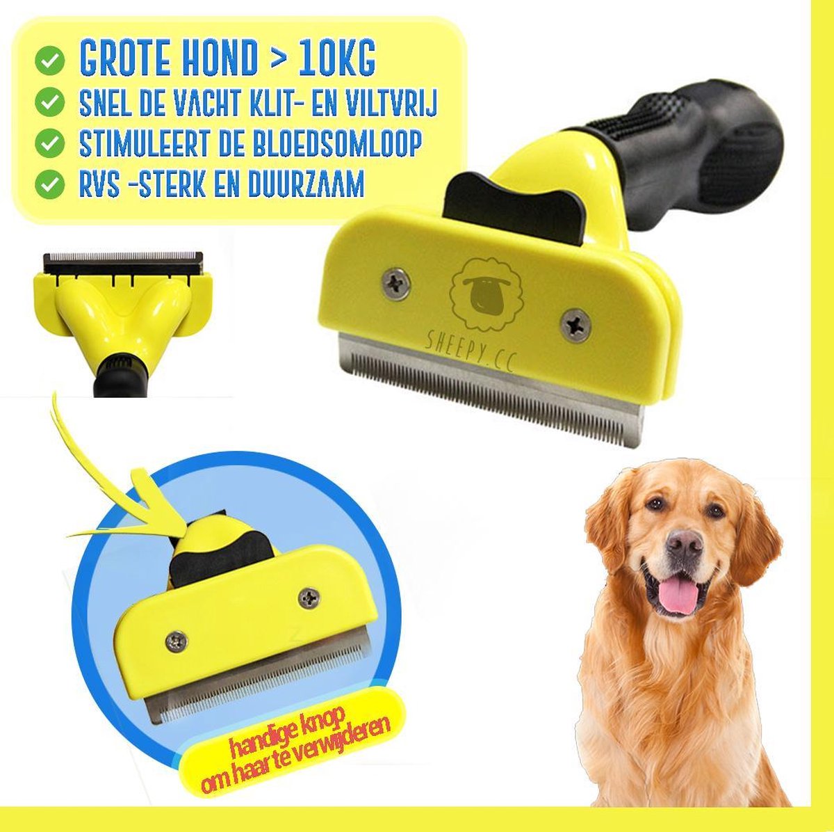 Hondenborstel - Grote Hond  >10 KG - Handzaam - Sterk - RVS- Duurzaam- Snel en Efficiënt- Maakt de Vacht van je Hond Weer Klit- en Viltvrij - Stimuleert de Bloedsomloop - Dé Hondenvacht Borstel maat L