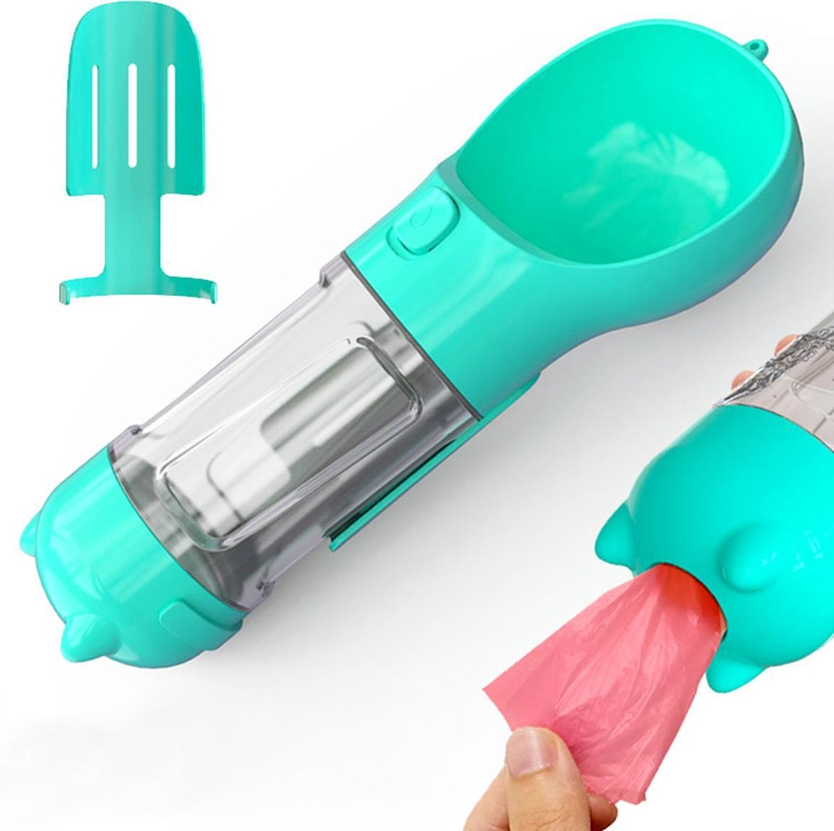 DMV Draagbare Hondenfles Pet Feeder 300ML - 3 in 1 Honden Eten Drinkfles - Drinkfles Hond - Incl. Poepzakjes - Lek Vrij - Voor Onderweg - Turquoise