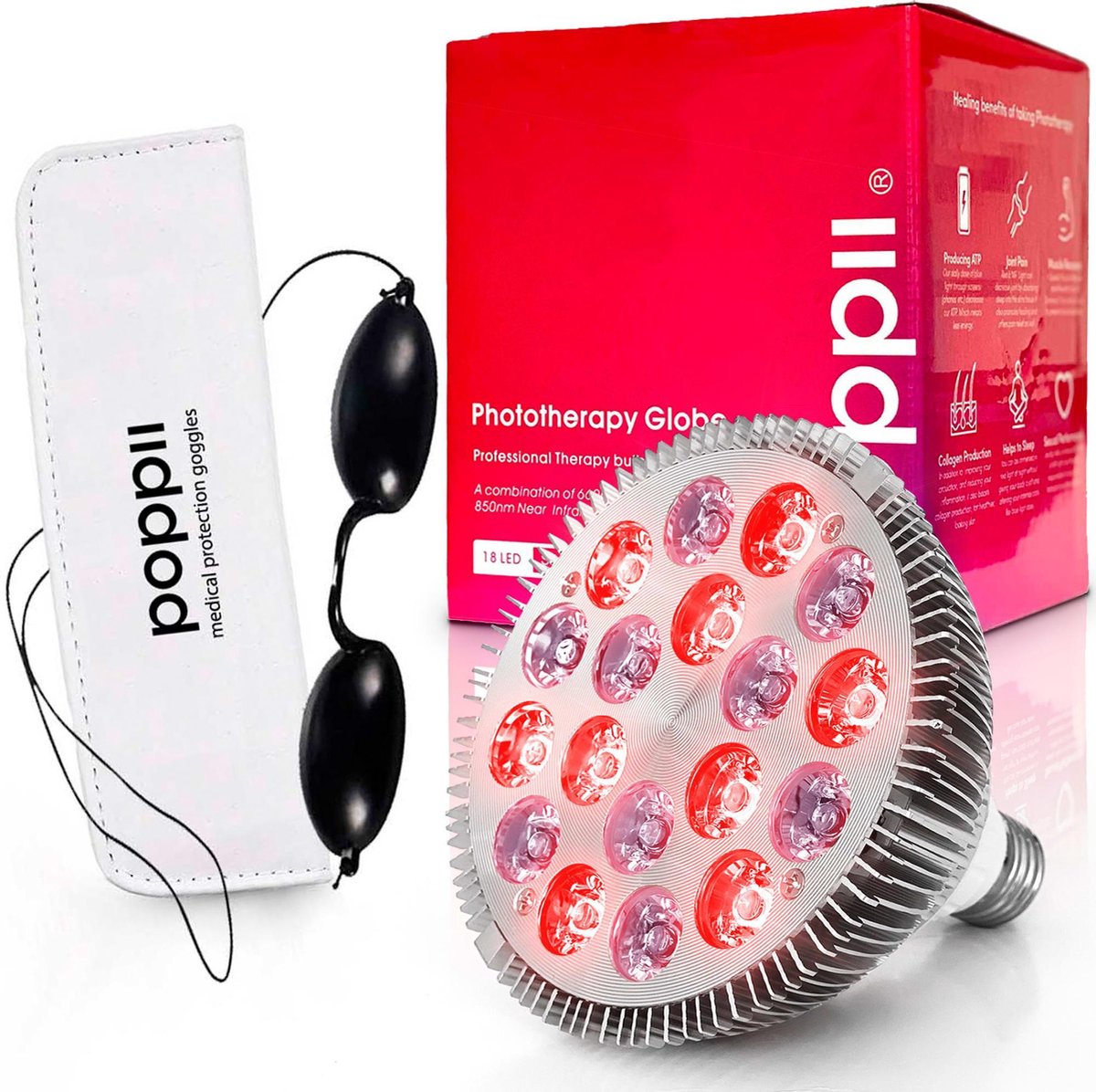 POPPI Infrarood lamp IR237 54W - Rood & infrarood lichttherapie lamp met 18 LED's -  660nm/850nm- Draagbare Reislamp - Hoge stralingssterkte - Lichttherapie apparaat voor depressie