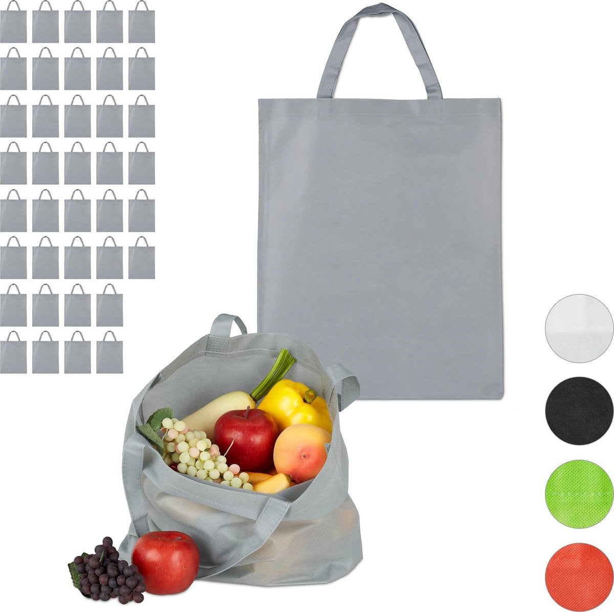 relaxdays 40 x boodschappentas - stoffen tas - effen gekleurd opvouwbaar - 50x40 – grijs