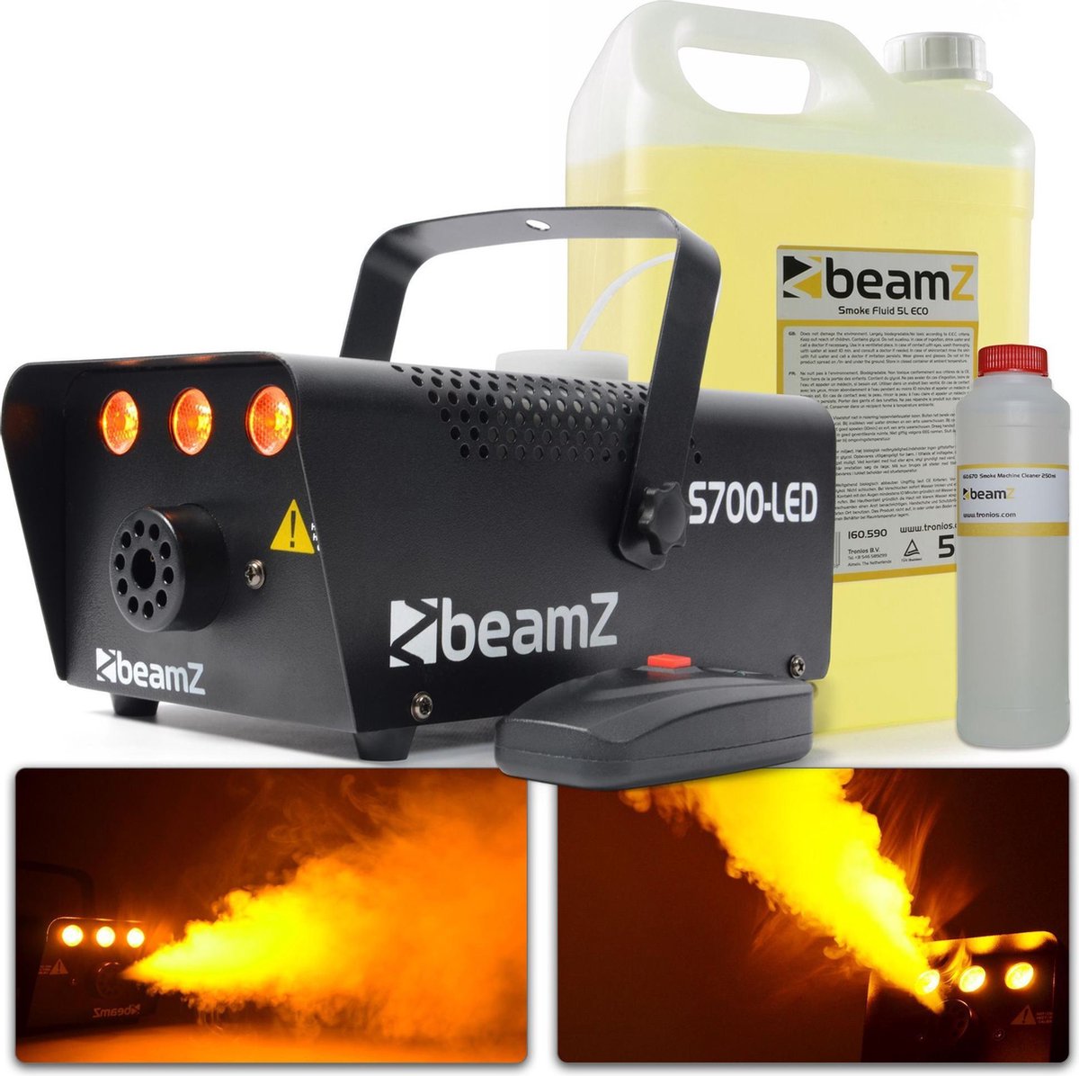 Rookmachine - BeamZ S700 'Flame' rookmachine pakket - Rookmachine met vlameffect - Ruim 5 liter rookvloeistof - 250ml reinigingsvloeistof