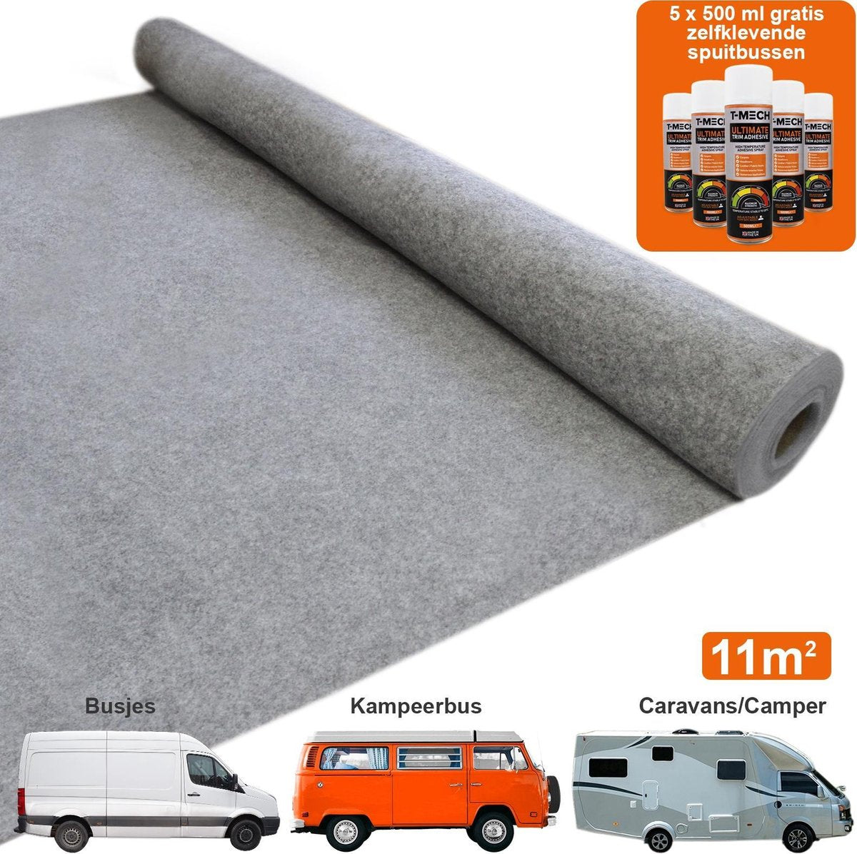 Bekleding bedrijfswagen 11m2 - Kleur: Rook - GRATIS 5 blikken multifunctionele lijm - rekbaar - inrichting bedrijfsauto - vloerbekleding