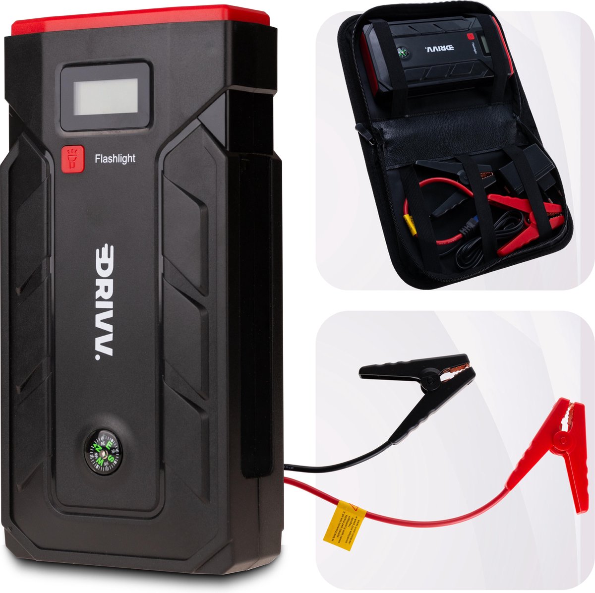 Drivv. Jumpstarter – 6 in 1 Starthulp – 12.000 mAh Powerbank - Startbooster 12V – Jumpstarter voor auto - Acculader incl. Luxe Opbergtas
