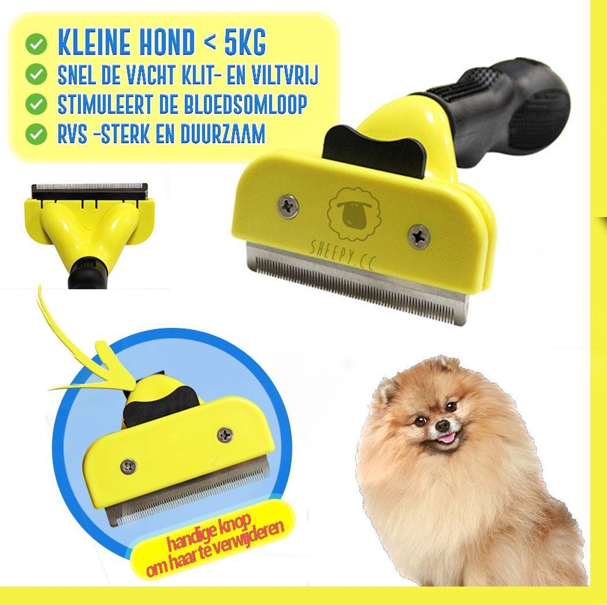 Hondenborstel - Kleine Hond < 5KG - Handzaam - Sterk - RVS - Duurzaam- Snel en Efficiënt- Maakt de Vacht van je Hond Weer Klit- en Viltvrij - Stimuleert de Bloedsomloop - Dé Hondenvacht Borstel maat S