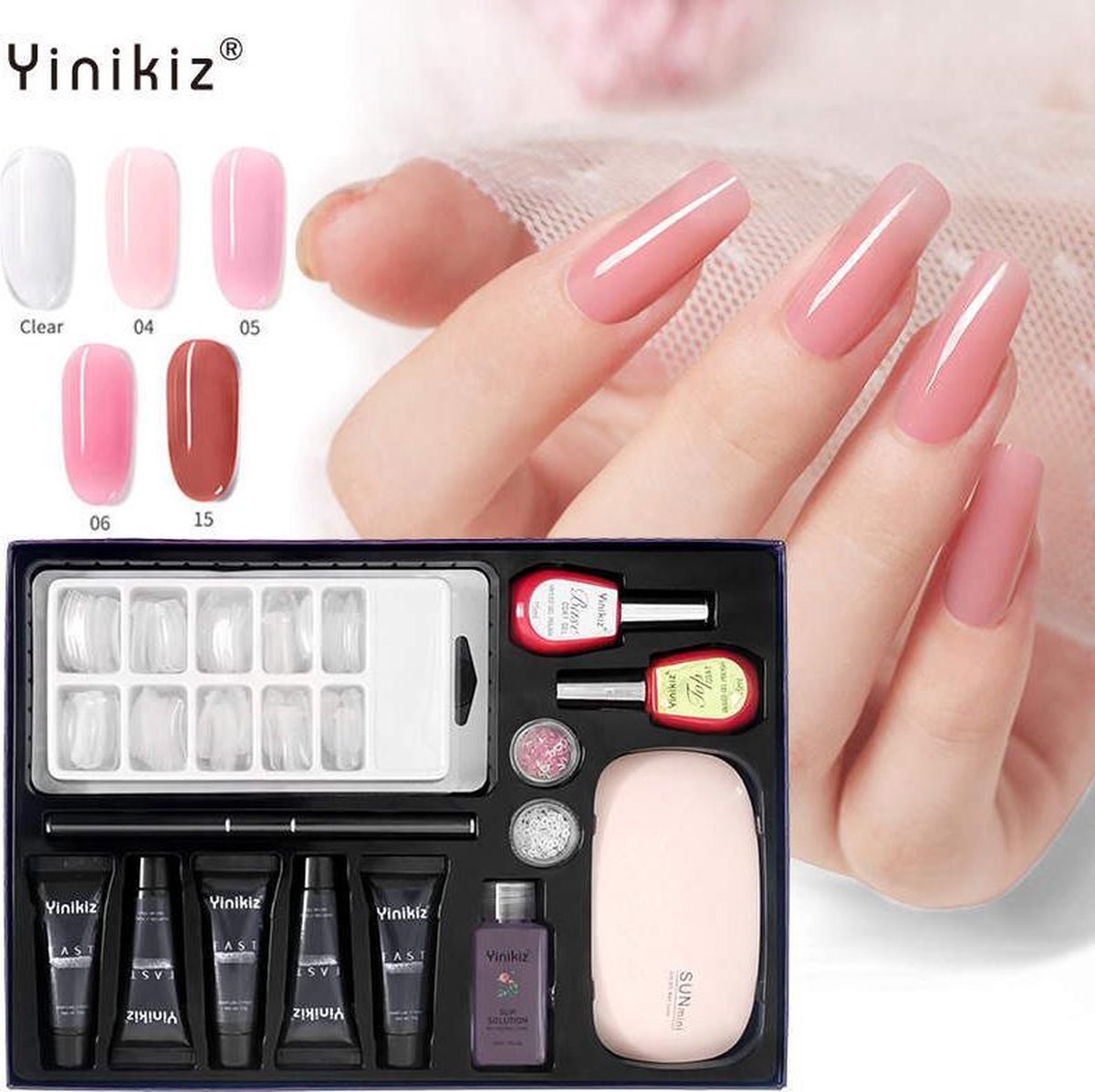Yinikiz - POLYGEL kit - 5 Kleuren polygel 15ML - roze en wit - Starterkit - Manicure Set - UV Lamp - Polygel nagels starterspakket - nepnagels -