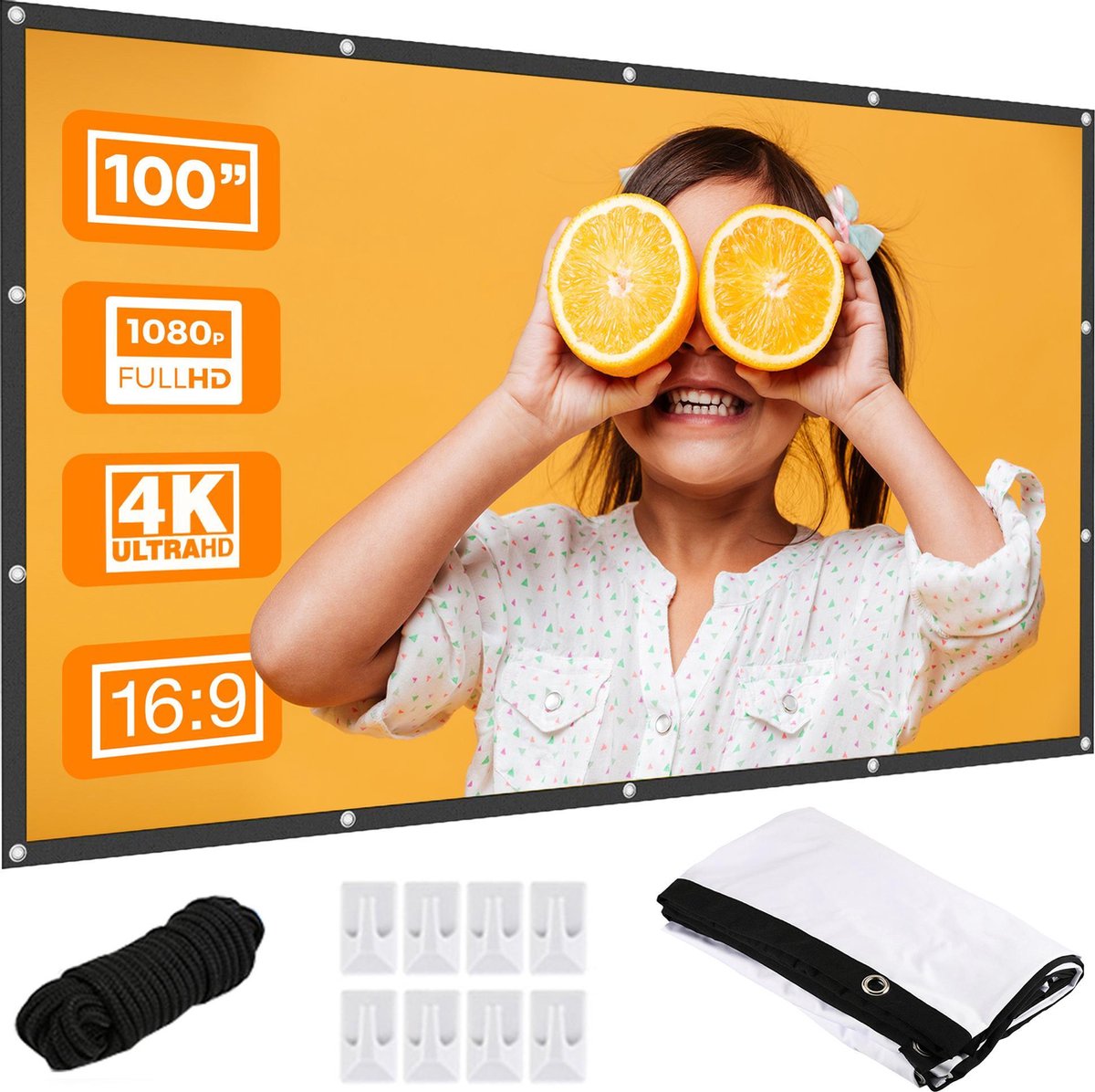 Lumora – Beamer scherm – beamer doek – Projectie doek - Projectiescherm– 100 Inch – Draagbaar en Opvouwbaar – Lichtgewicht - Polyester Doek – 160° Kijkhoek - incl. ophanghaken en ophangogen - Netflix - Thuisbioscoop - Films - Series