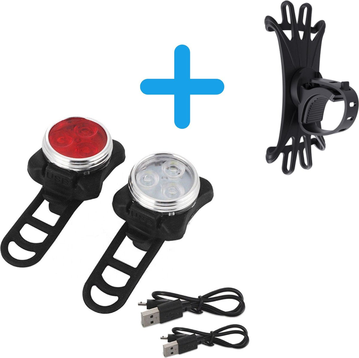 MaxedMore Oplaadbare LED Fietsverlichting (Voor & Achter) - Inclusief Universele Siliconen Telefoonhouder - Fietslichten met 4 Lichtstanden - Telefoon Houder Geschikt voor 4 tot 6.5 Inch - 360 Graden Draaibaar Mobielhouder - Fietslampen - Fiets Licht