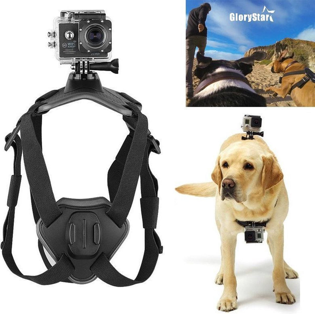 Hondenriem harnas - Dual Action Cam - Camera-accessoires - Verstelbare hond Harnas - Zwart