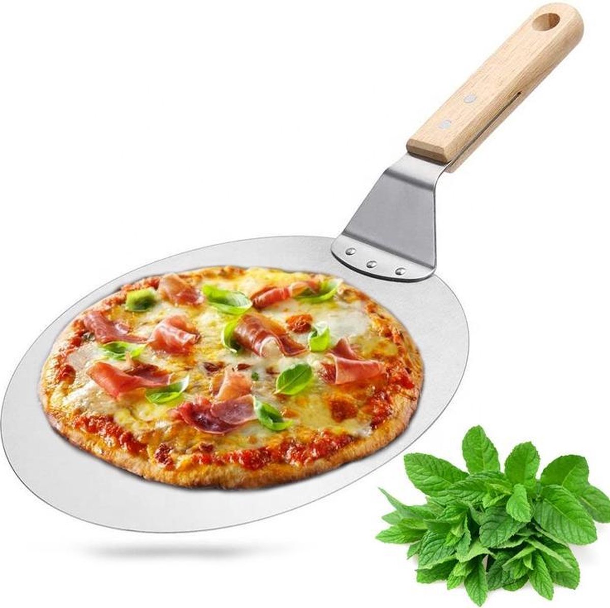 Pizzascheppen- Pizzaschep RVS Rond voor BBQ of Oven - houten handvat 25cm Pizzaschep - Pizzaspatel - Spatel - Taartschep