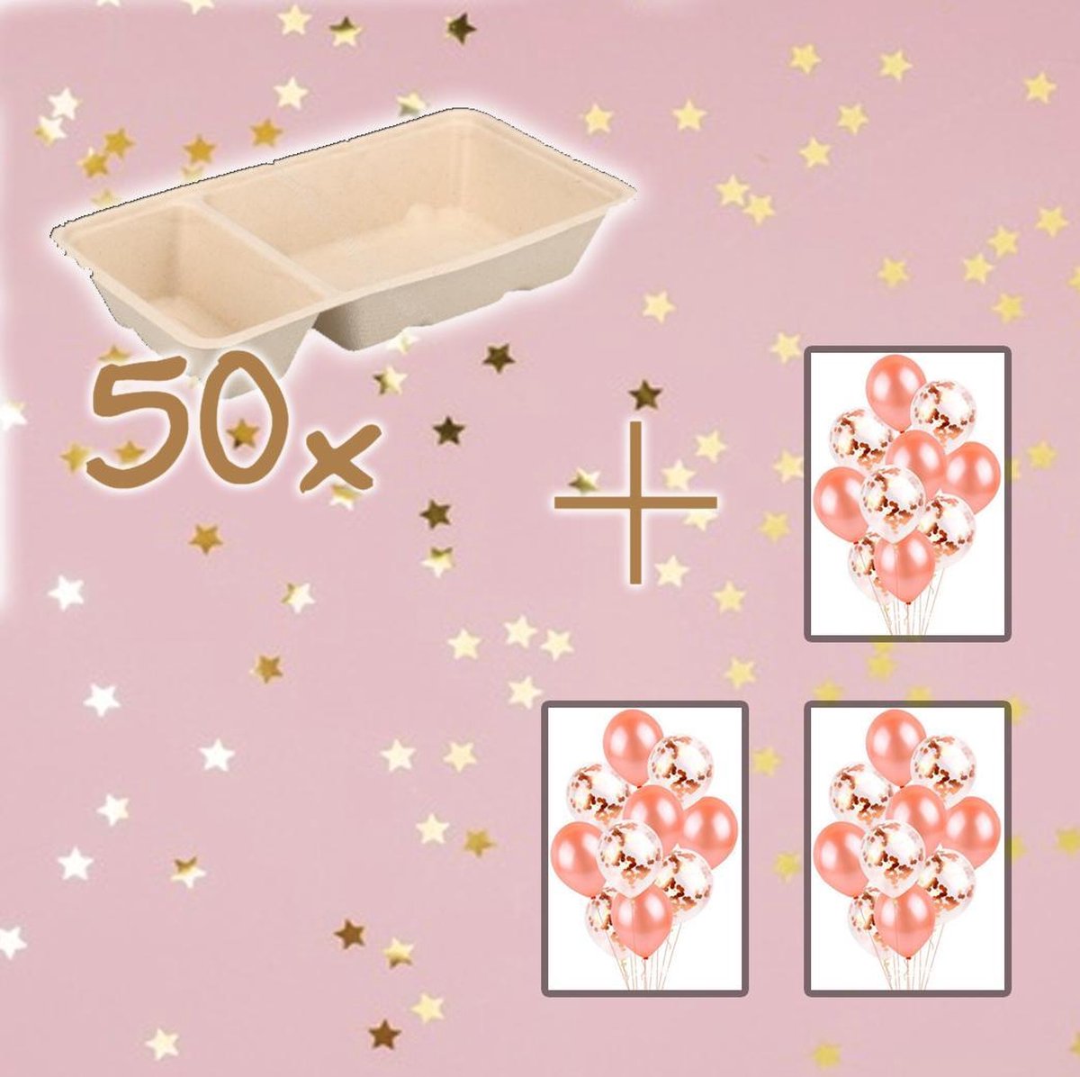 50x  Patatbakje Frietbakje A7 met sausvak EN 30x rose gold confetti balonnen | suikerrietpulp | Friet patat frites saus friet bakje snack next generation carnaval festival thema feest duurzame biologisch afbreekbaar recycle