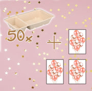 50x  Patatbakje Frietbakje A7 met sausvak EN 30x rose gold confetti balonnen | suikerrietpulp | Friet patat frites saus friet bakje snack next generation carnaval festival thema feest duurzame biologisch afbreekbaar recycle