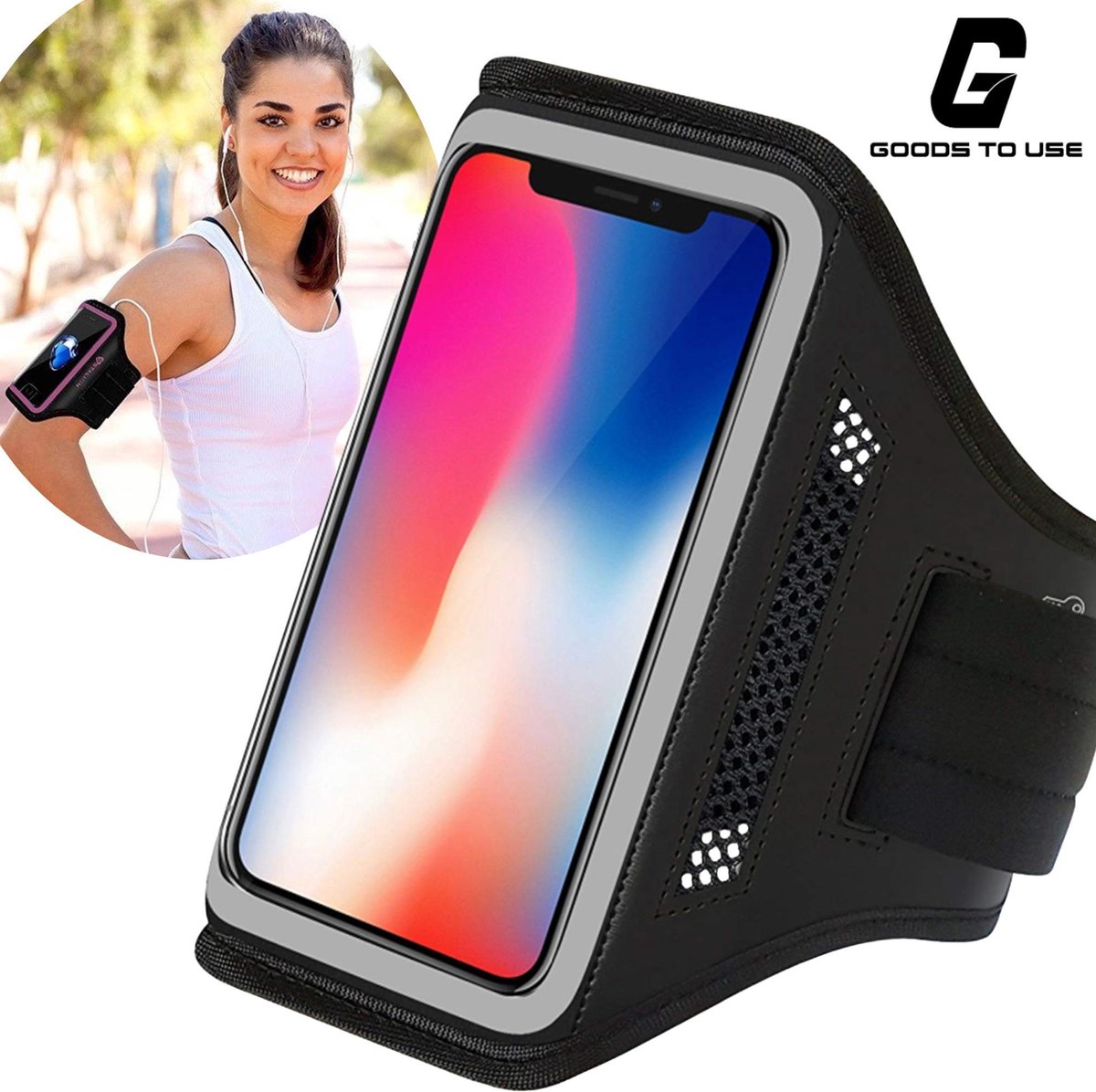 GoodsToUse Hardloop Telefoonhouder – Sportarmband met Smartphone Houder – Neopreen Materiaal met Reflecterende Ring – Universele Maat
