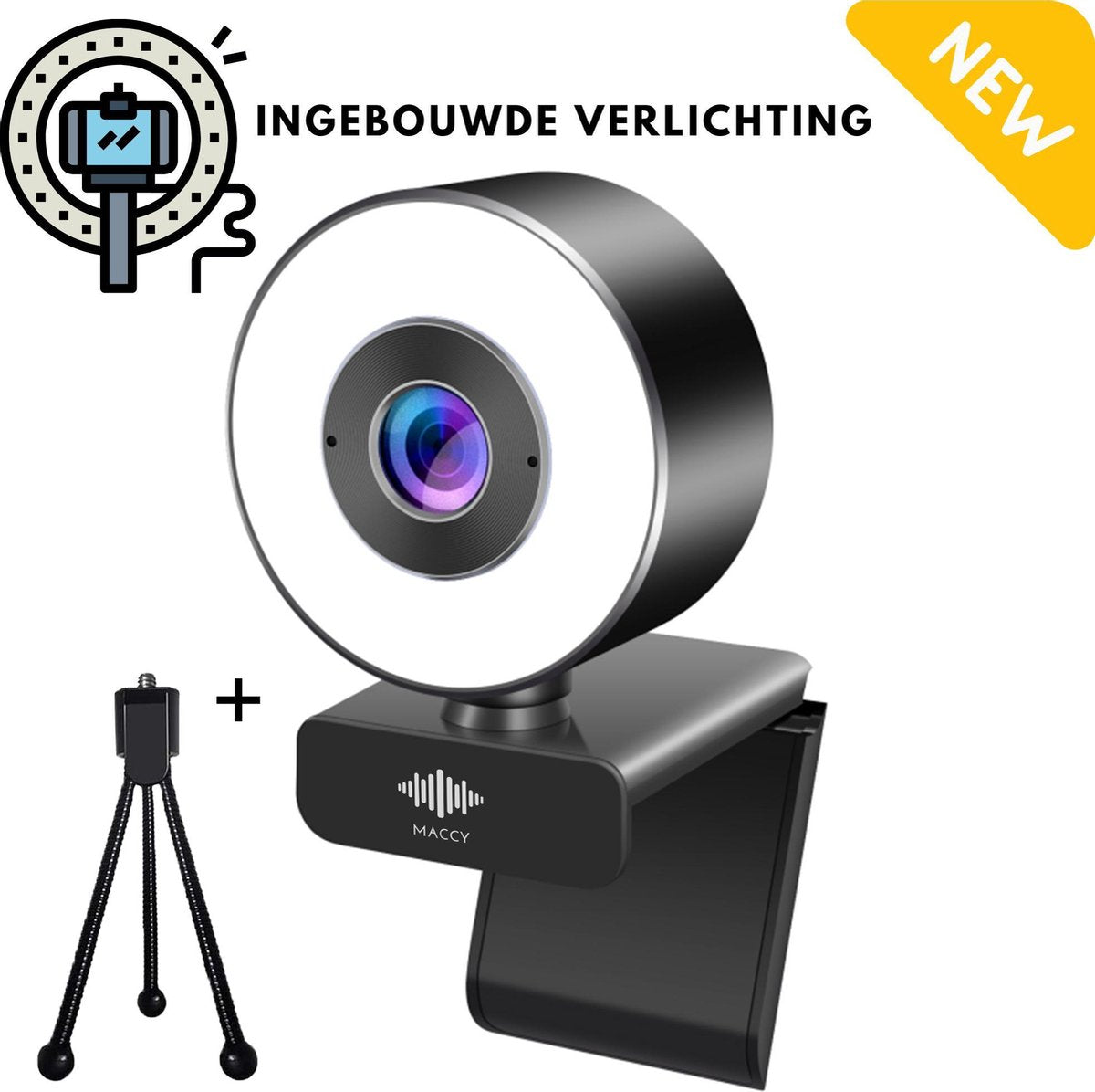 Webcam met Ringlamp en Microfoon - Led - 3 Niveau's - 3 Types Licht - 5 MP - Webcam met Microfoon - 2K - 30FPS - 2560x1440 - Webcams - Led Licht - Gaming - Webcam voor PC - Plug&Play - Laptop Camera - Webcam voor Computer - Windows/IO - Tea