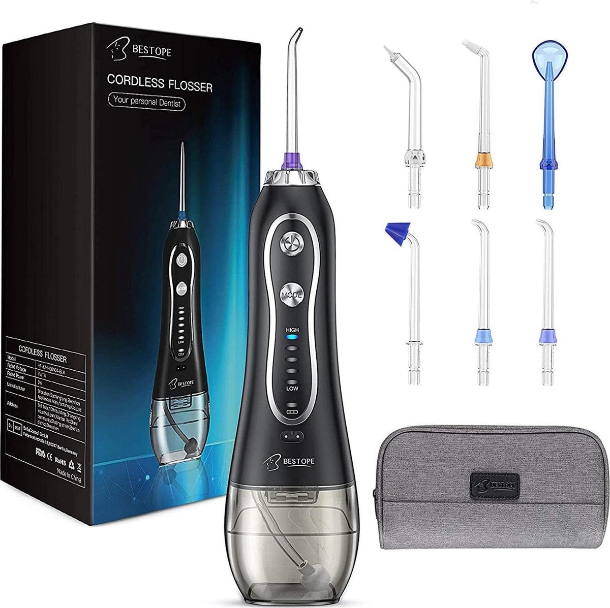 BESTOPE Elektrische waterflosser - Monddouche - 6 opzetkoppen – Waterdicht – Draadloos & oplaadbaar