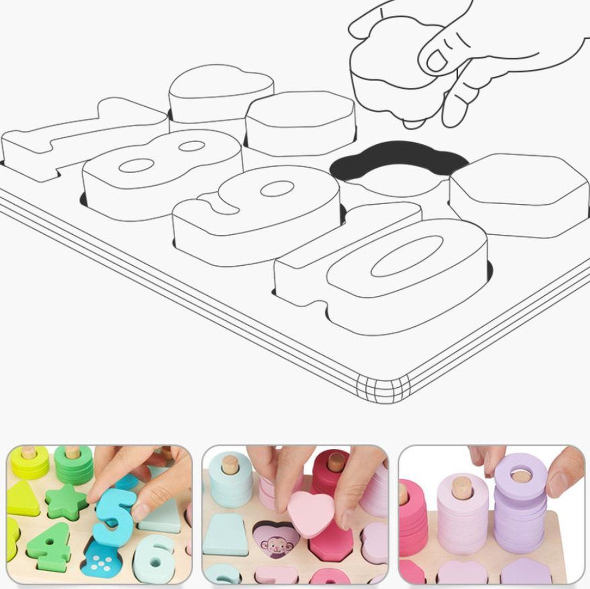 Dieren 3-in-1 Houten Nummer Puzzel & Houten Getallen Puzzel & Rekenpuzzel - Rekenen & Kleuren & Vormen & Nummer & Vormenpuzzel - Tellen en stapelen - Wooden Blocks - Montessori Toys - Ik Leer Cijfers - Montessori speelgoed | Smartgames voor kinderen