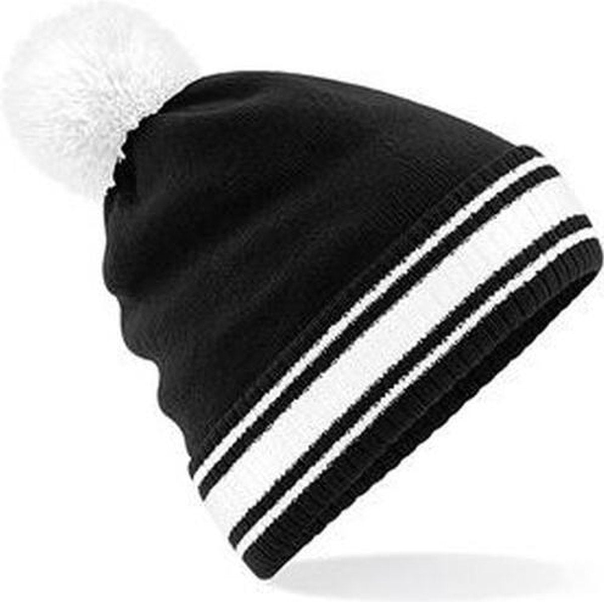 Zwart/witte beanie muts met pompon voor heren
