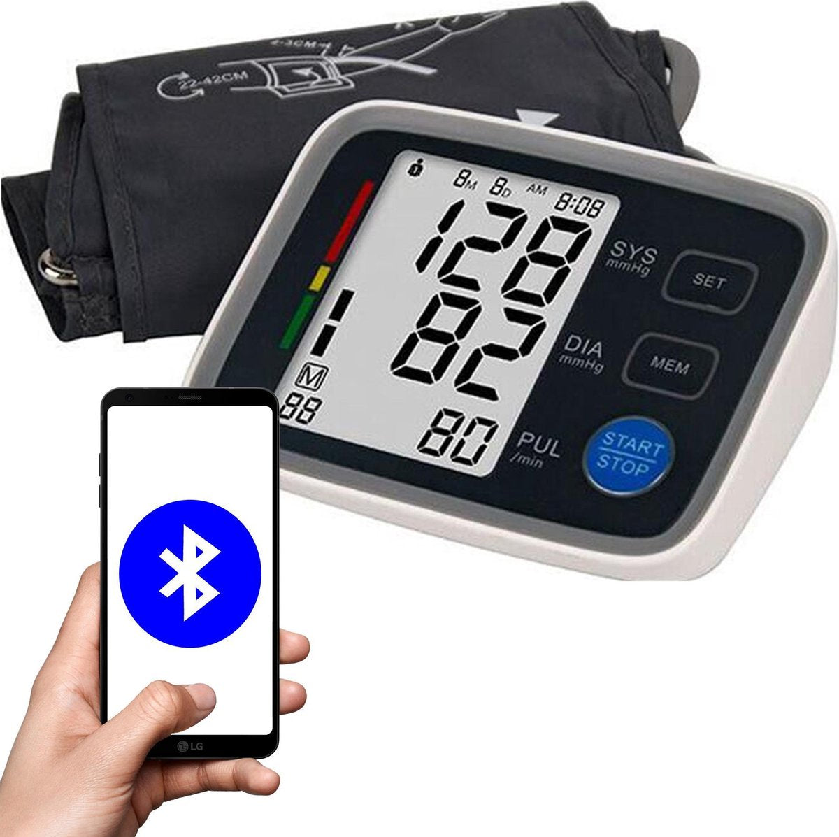 StrongSupply Bloeddrukmeter – Bovenarm Bluetooth Hypertensie Bloeddrukmeter – Wireless - iOS - Android - Boven Arm – Hartslag Detectie – Sphygmomanometer – Upper Arm - Blood Pressure