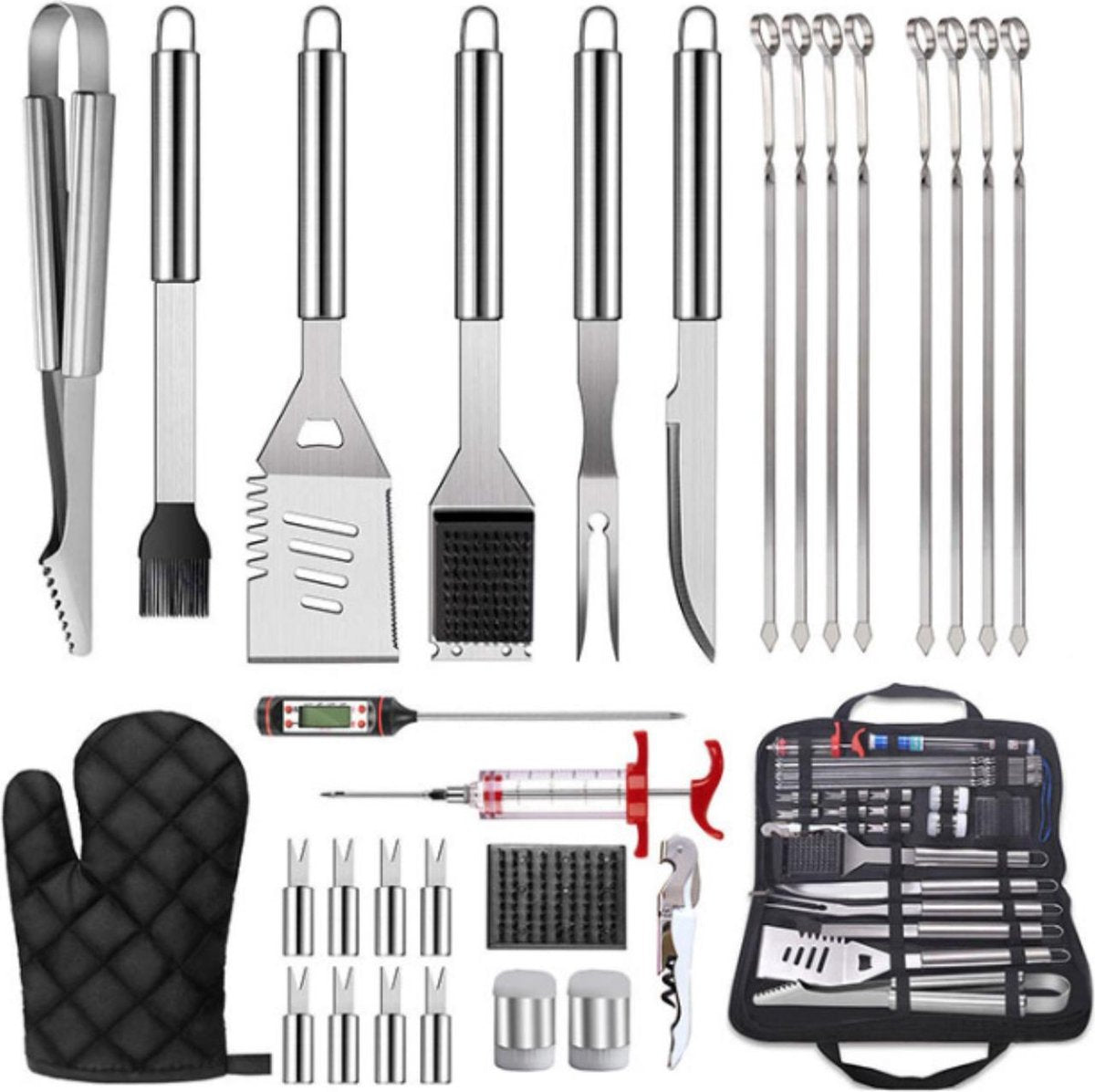 Slimshop BBQ Accesoires BBQ Gereedschap set met Thermometer - Keukengerei - BBQ Handschoenen - Tang - Borstel - 30 Delige set