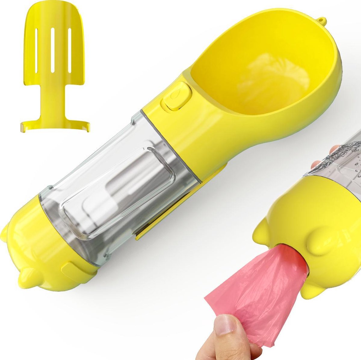 DMV Draagbare Hondenfles Pet Feeder 300ML - 3 in 1 Honden Eten Drinkfles - Drinkfles Hond - Incl. Poepzakjes - Lek Vrij - Voor Onderweg - Geel