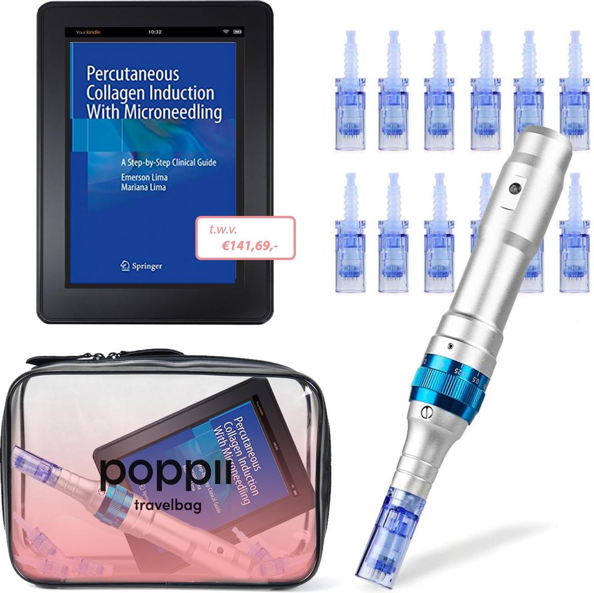 Dr.pen Professionele Draadloze Ultima A6 dermapen voor Microneedling - Rest acne verwijderen - Litteken behandeling - Rimpels behandelen - Anti-aging - incl. 32 naald opzetstukken - POPPII travelbag + Clinical Step-by-Step Guide