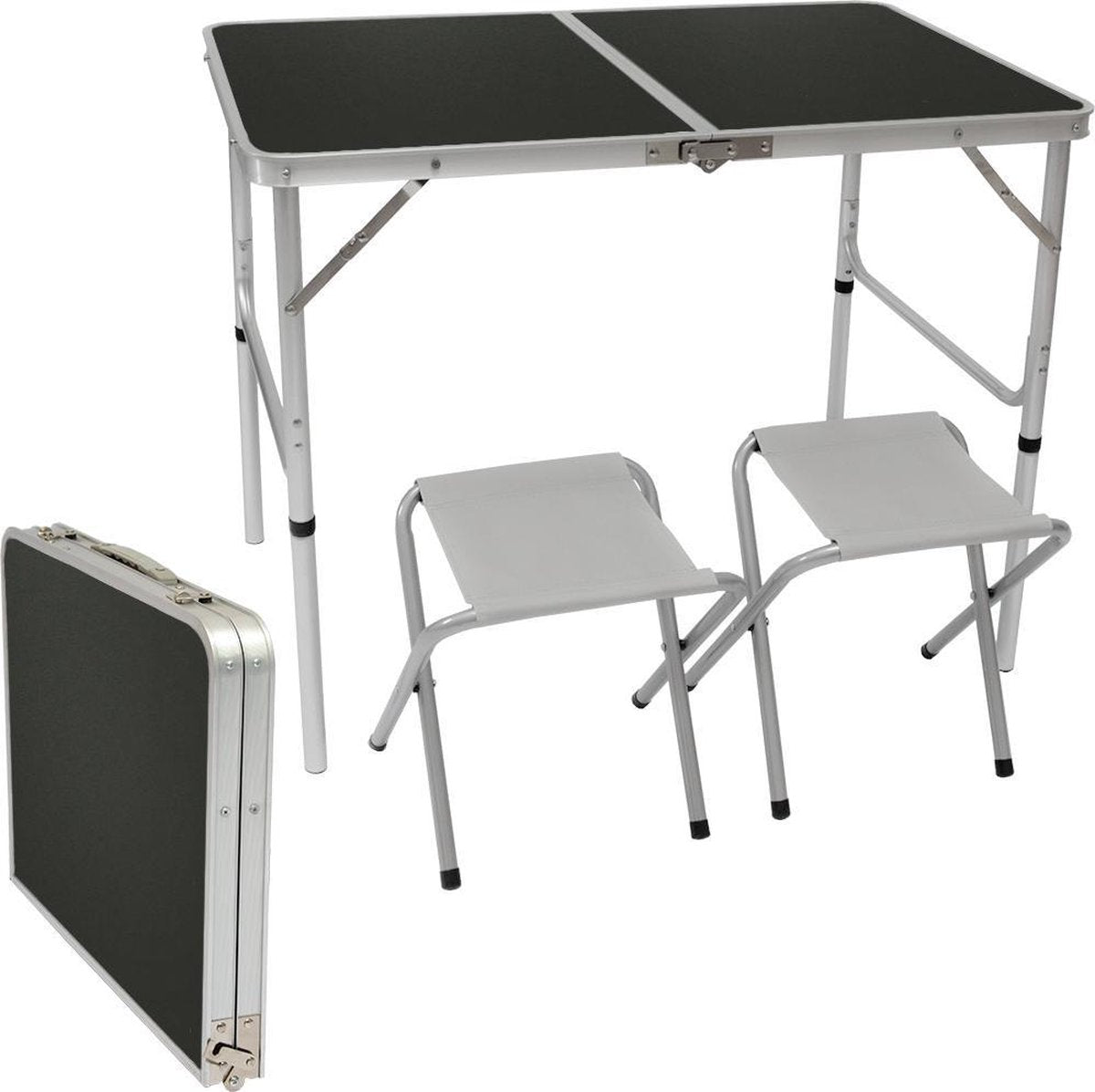 In hoogte verstelbare campingtafel 90x60x70 cm incl. 2 inklapbare krukken Campingtafelenset Kofferma