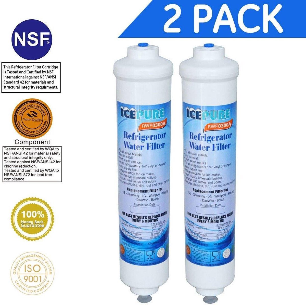 2X Icepure RWF0300A Koelkast Waterfilter Vervangingspatroon Samsung (EF9603/WSF100/DA29-10105J) - LG (BL9808/3890JC2990A/5231ja2010B) - General Electric (GXRTQR) - Wpro Usc100