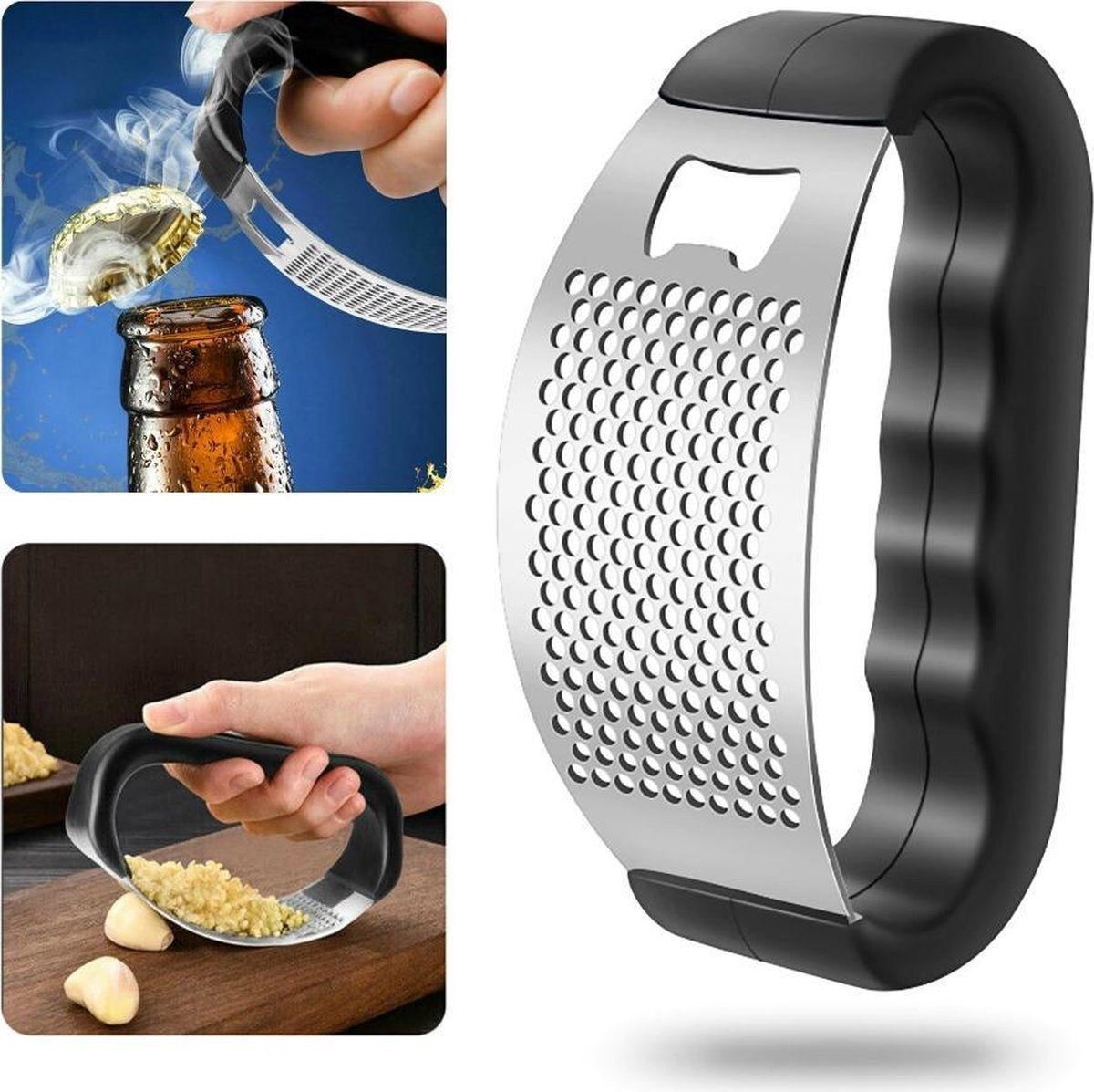 Invendio | Knoflookpers met opener | Gemberpers | RVS | Vaatwasserbestendig | Zwart/Zilver