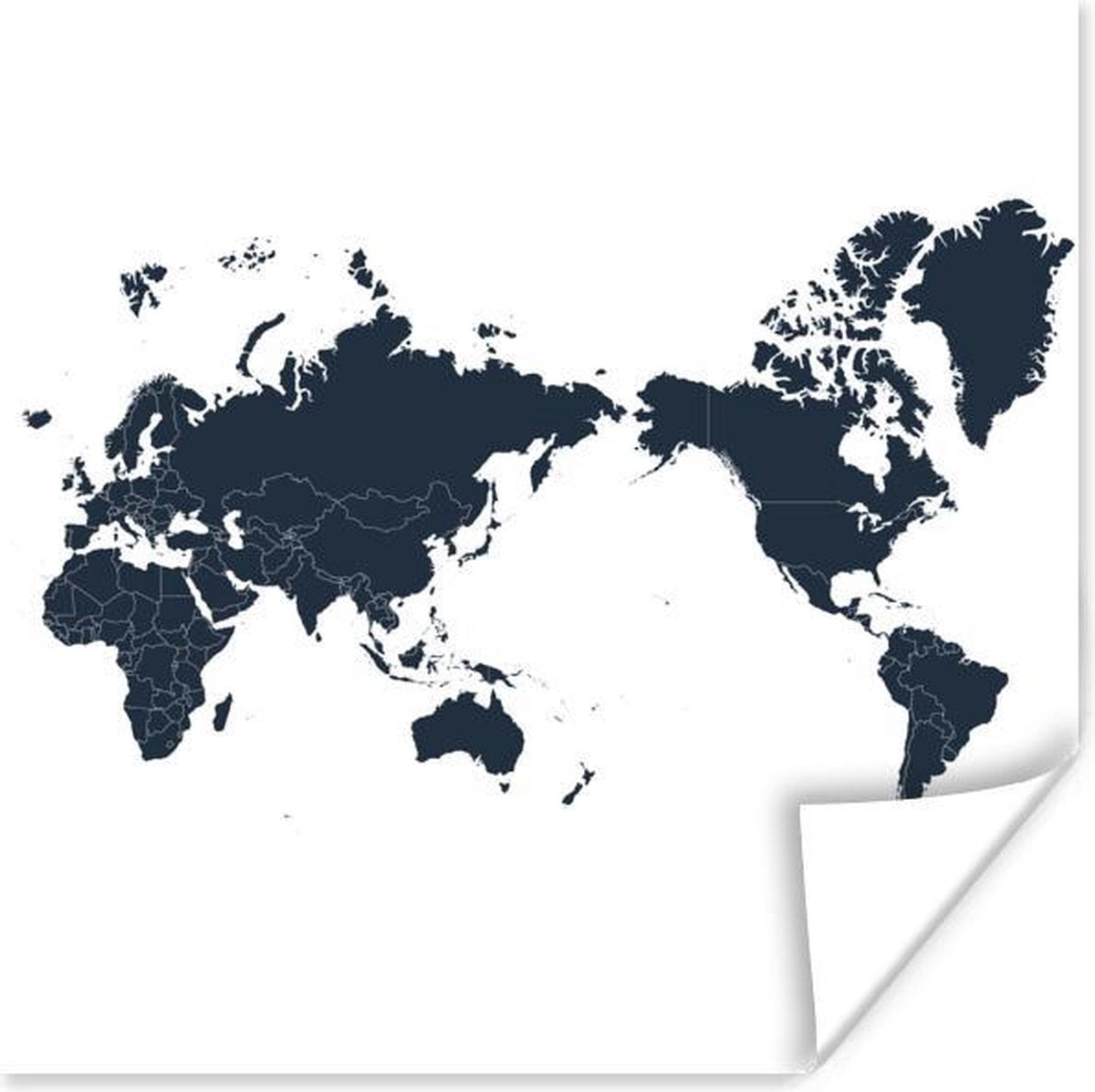 Muurdecoratie - Donkerblauwe wereldkaart met Azië in het midden - 50x50 cm - Poster