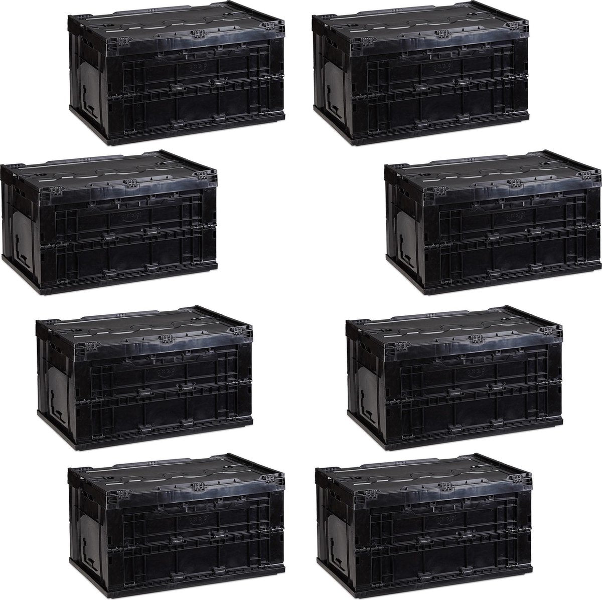 relaxdays 8er set vouwkrat met deksel - boodschappenkrat - stapelbaar - plooibox zwart