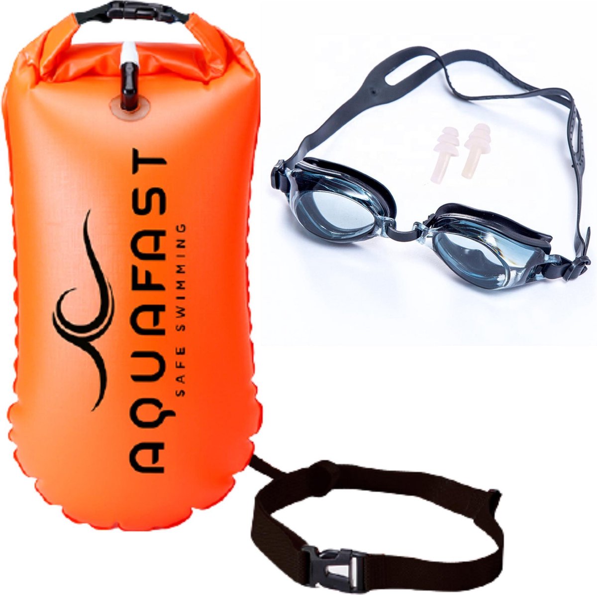 Aquafast Zwemboei met Drybag inclusief Gratis Duikbril en Oordopjes – voor Open Water Zwemmen – Veilig Zwemmen Reddingsboei – Drybag Opbergvak – Opblaasbare Zwem Boei – Oranje Kleur