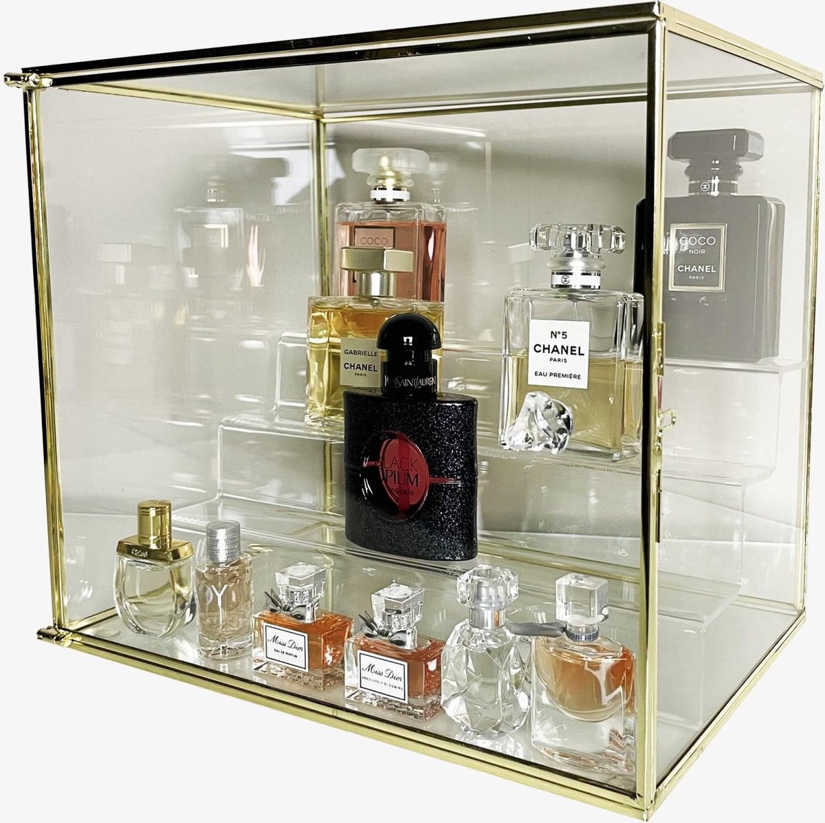 Beautybox Livia | Goud Transparant | Glas Messing frame | Op kaptafel/makeup tafel | Modern | Met deur Organizer | 3 Lagen | Kubus | Make up organizer | Cosmetica organizer