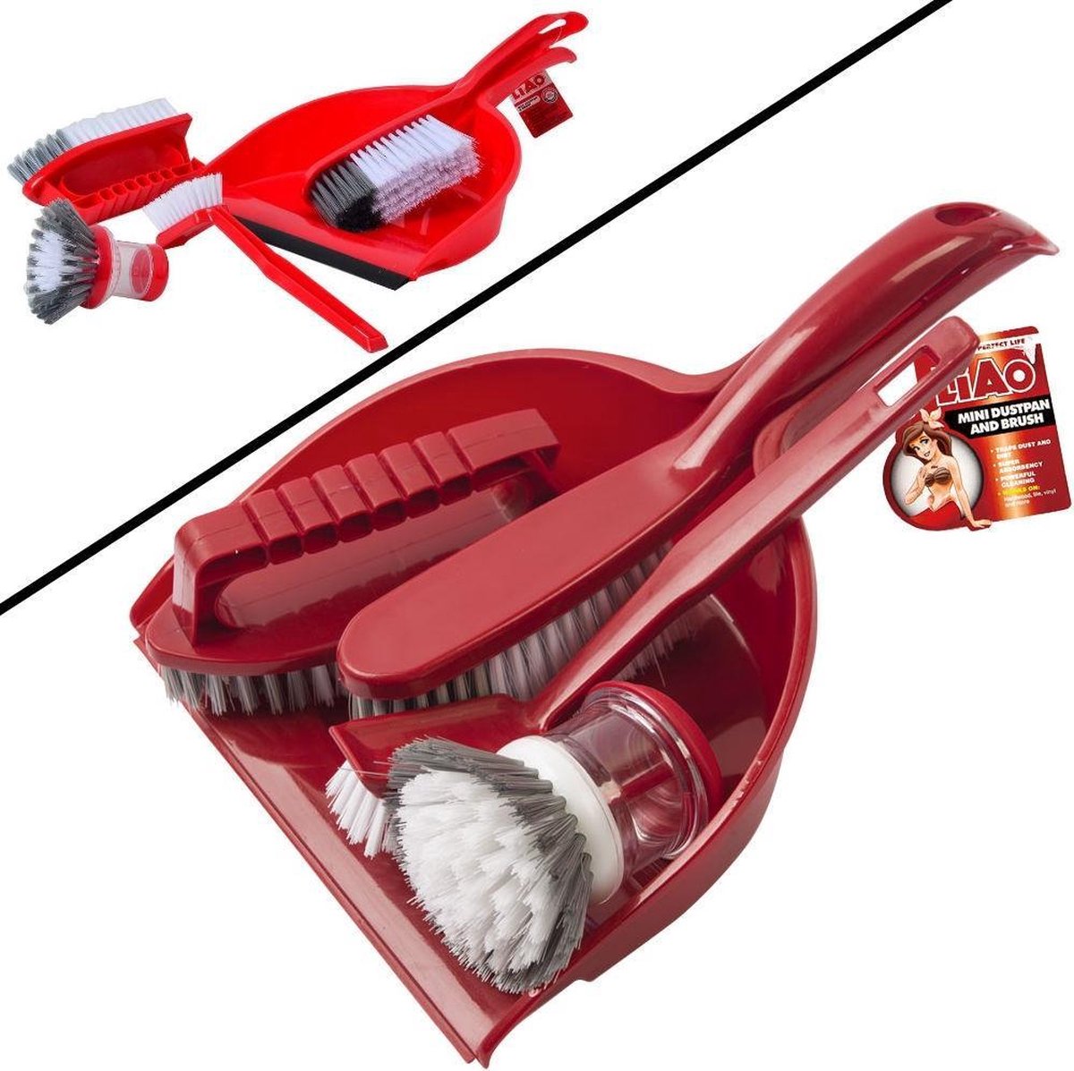 Decopatent® Stoffer en Blik - 5 Delige Schoonmaakset - Plastic Stoffer en Blik met lange steel - Afwasborstel - Hand Borstel