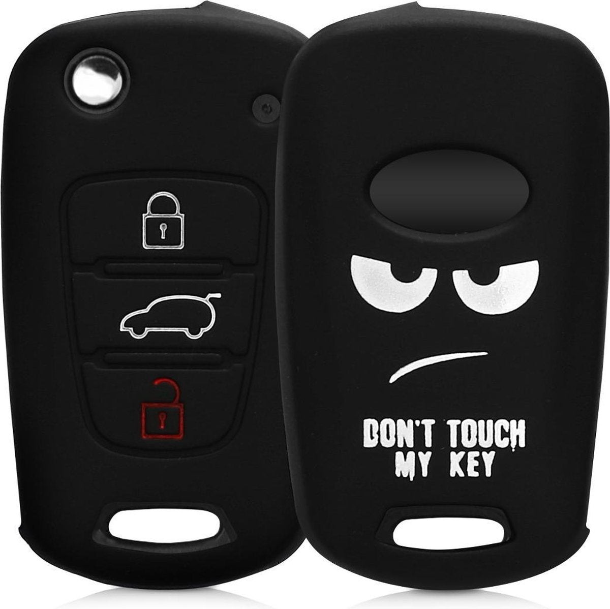 kwmobile autosleutelhoes voor Hyundai 3-knops inklapbare autosleutel - Siliconen beschermhoes in wit / zwart - Don't Touch My Key design