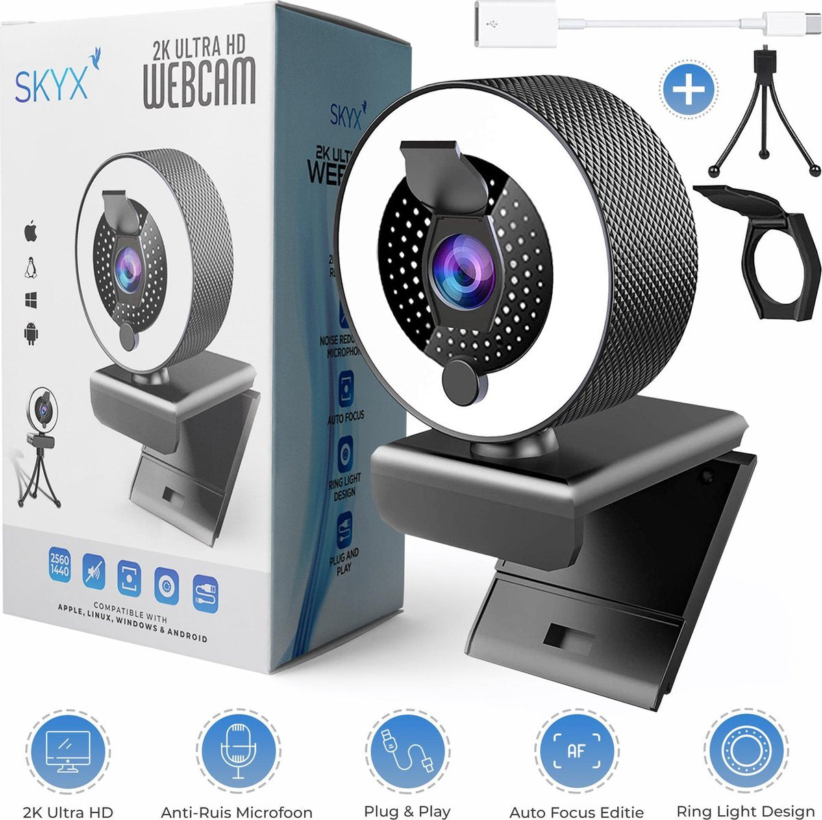 2K Webcam met Ring Licht Auto Focus Edition - Licht Ring Webcam met Microfoon - Webcam met Klepje - Streaming Webcam - UHD webcam - Meeting Conference - Anti Ruis Webcam - Windows & Apple/Mac  - Vergaderingscamera - Twitch - Teams - Zoom