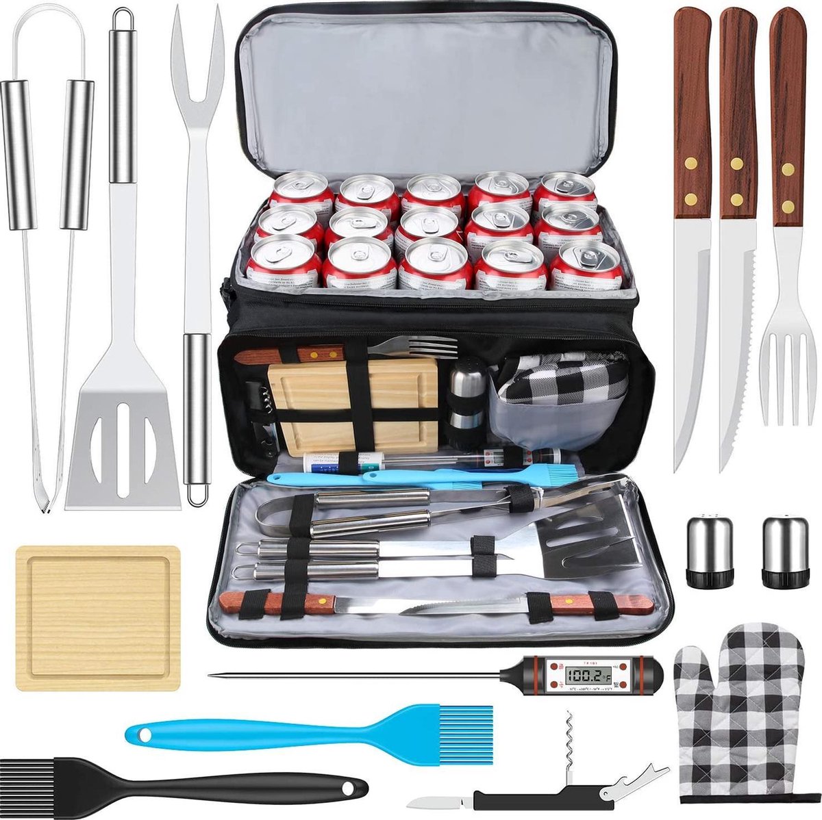 Aisitin® Camping set 15 delig - Picknick set - RVS BBQ gereedschap - Koeltas - Picknick Servies - BBQ thermometer - BBQ accessoires